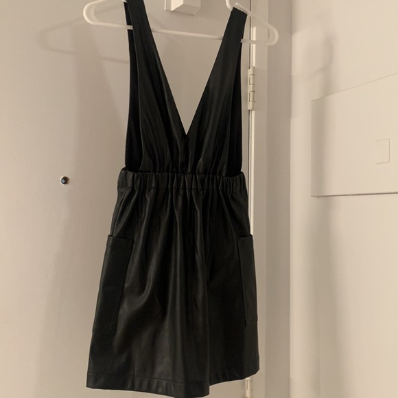 Women's Black Faux Leather Dungaree Dress - Picture 5 of 6